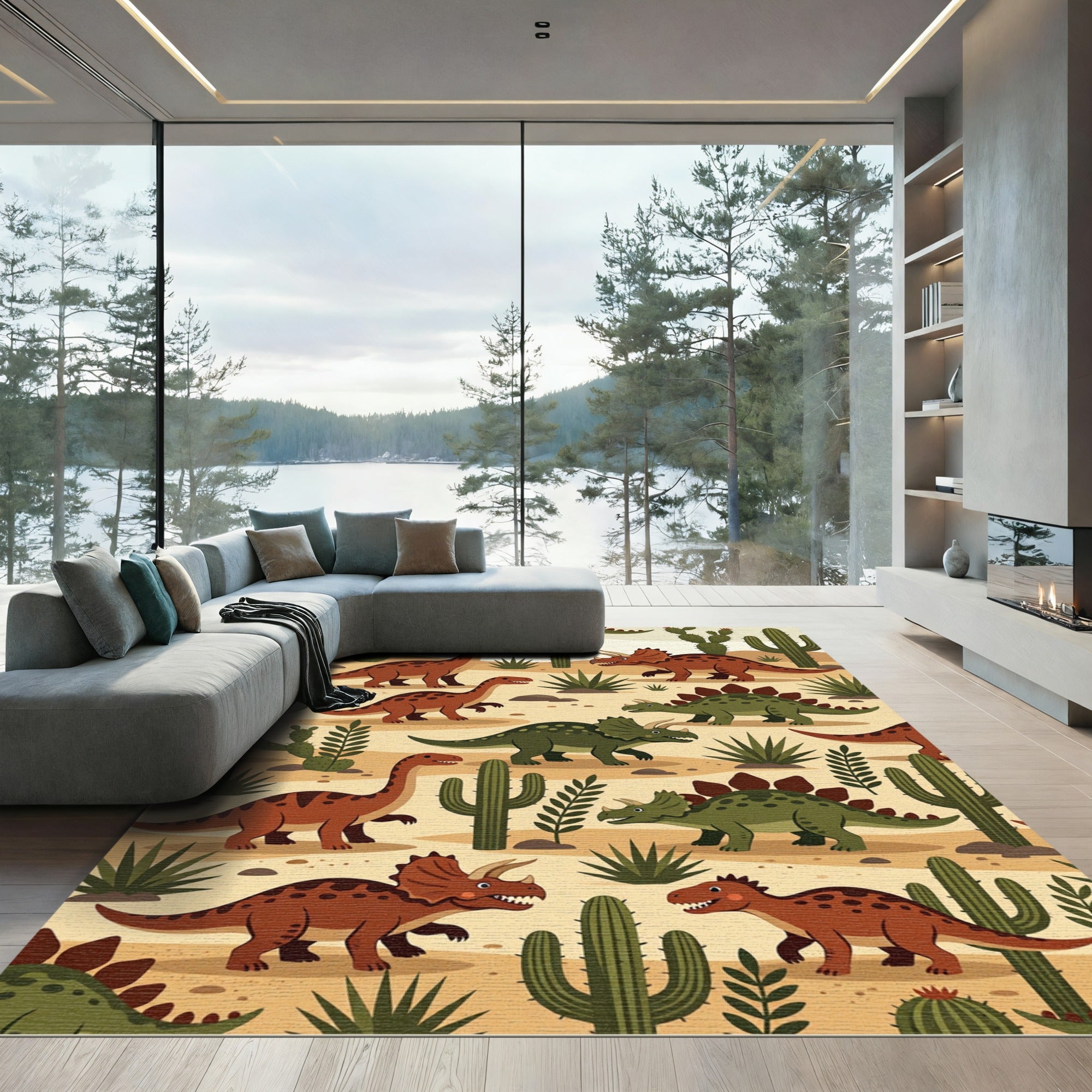 Whimsical Desert Dinosaur Earthy Tones Rug