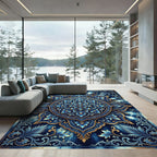 Deep Blue Golden Floral Mandala Rug