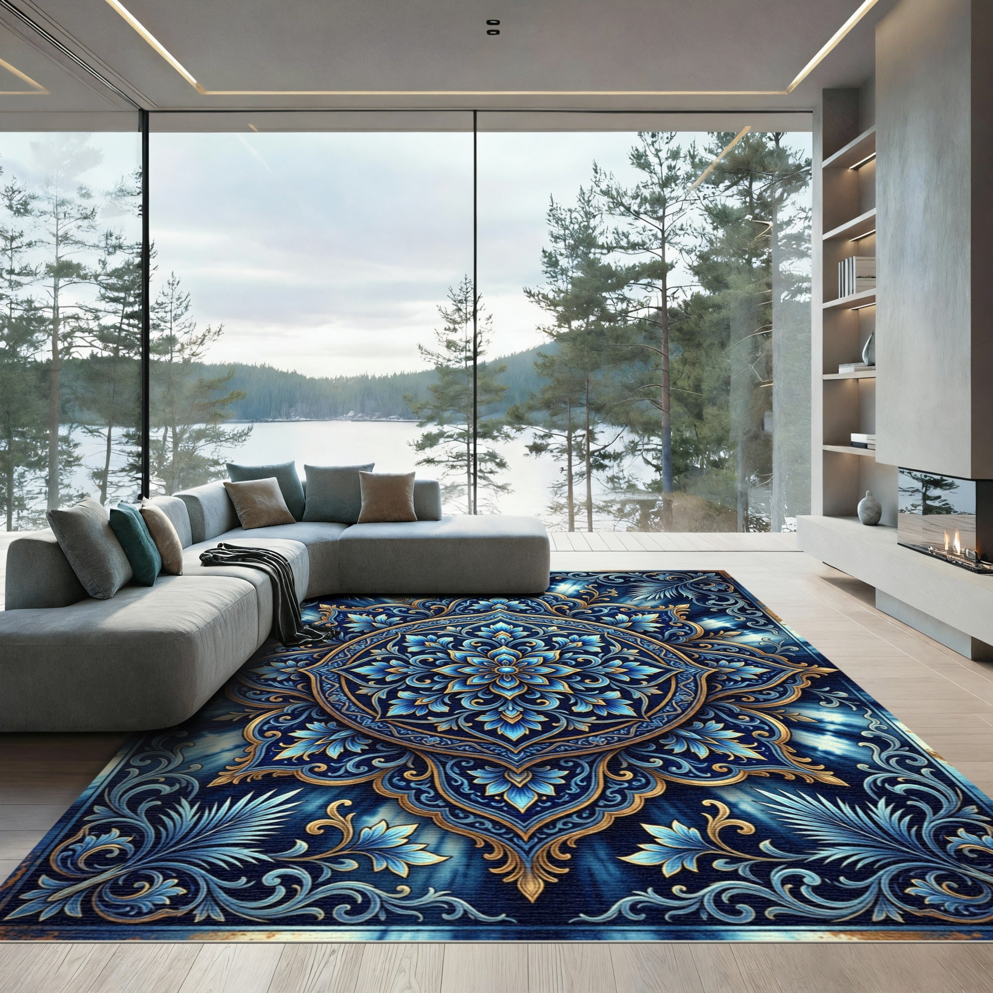 Deep Blue Golden Floral Mandala Rug