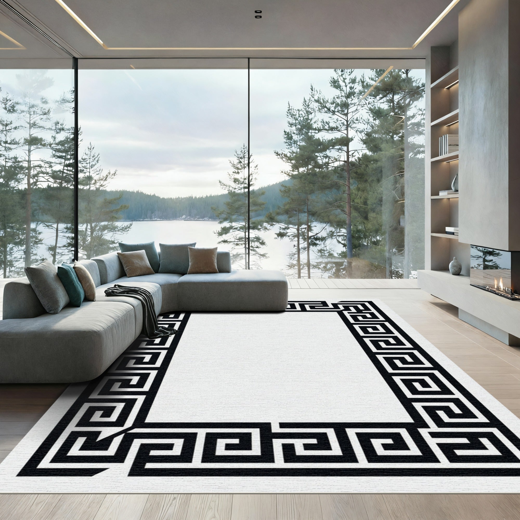Black White Maze Border Rug