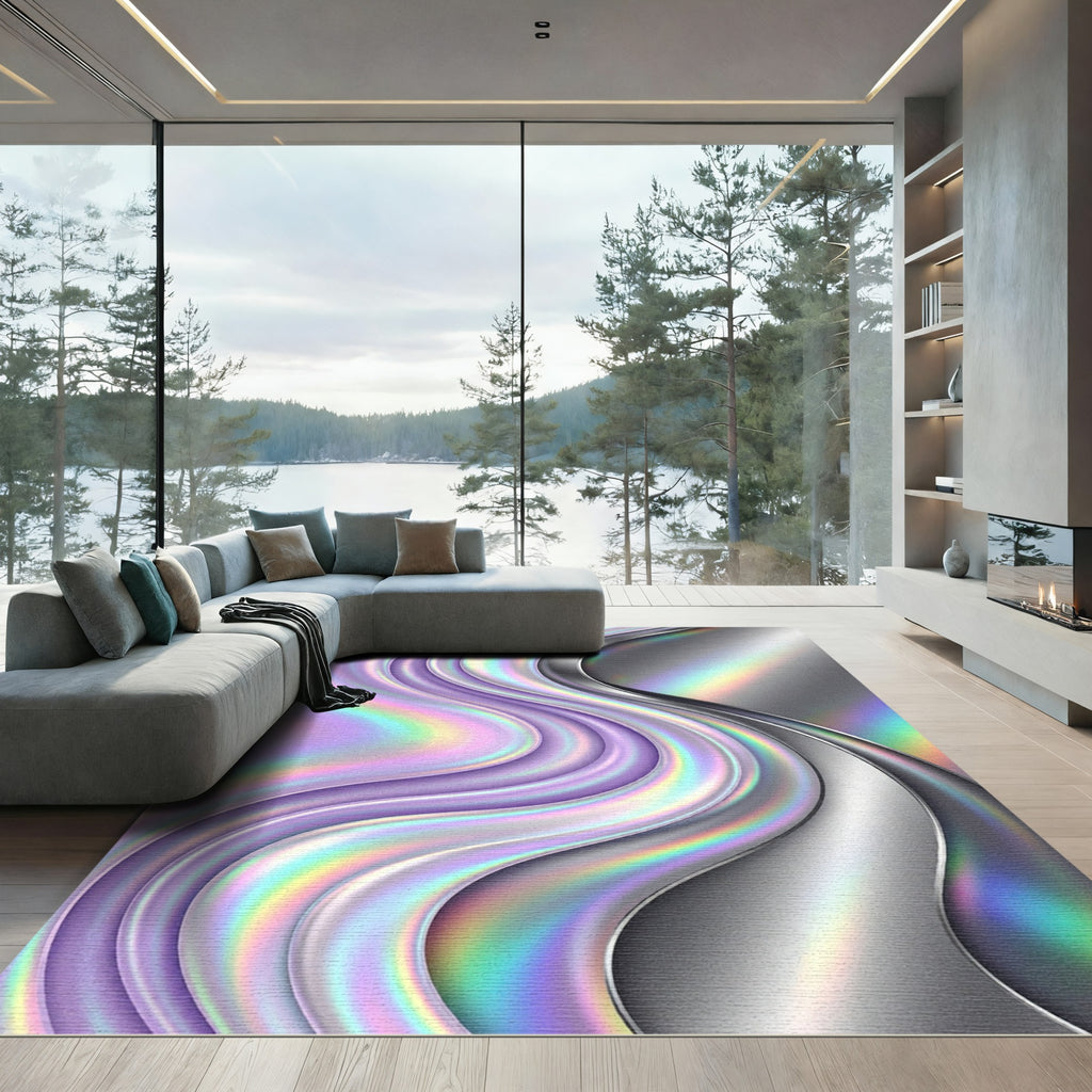 Iridescent Lavender Liquid Wave Fluid Metal Rug