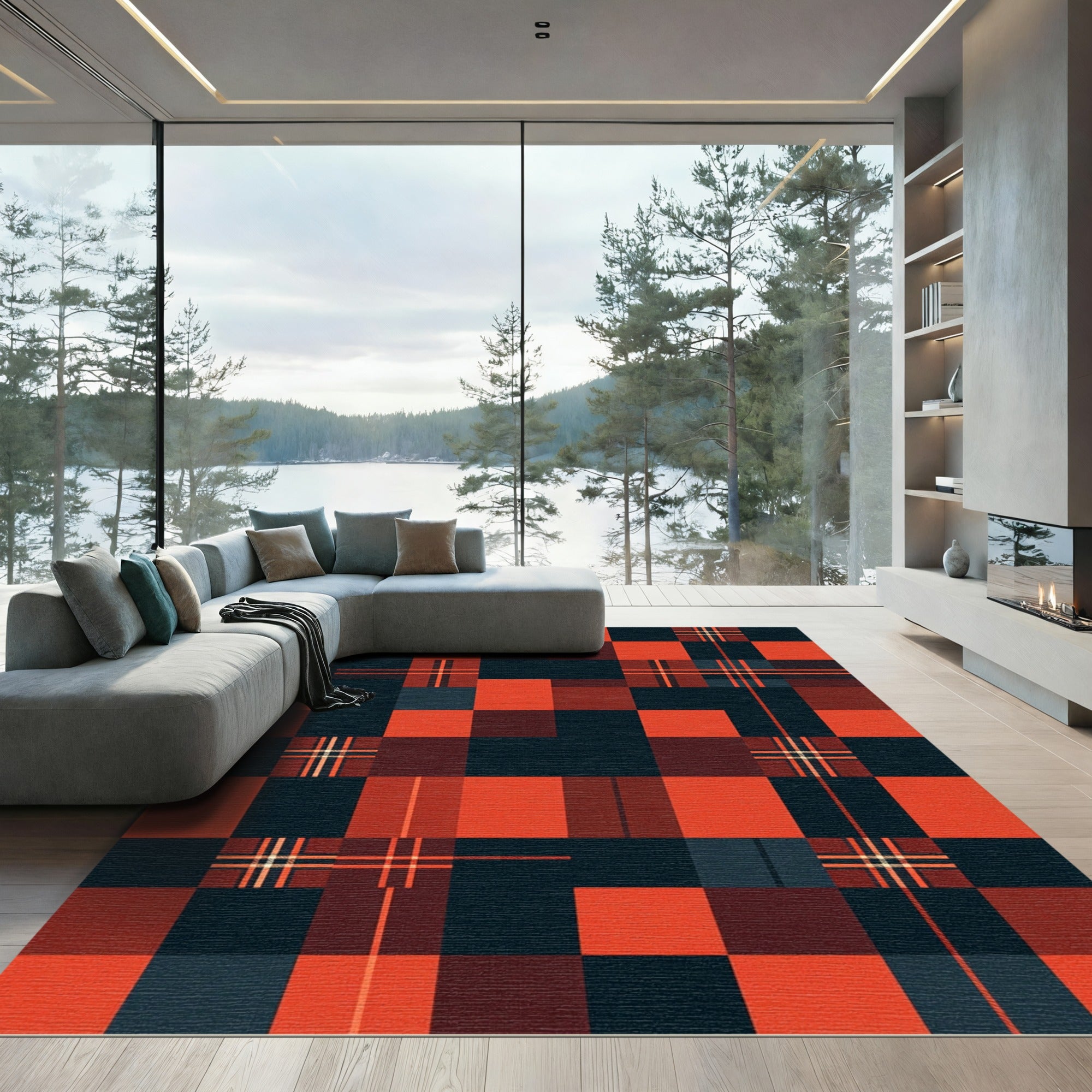 Modern Geometric Red and Black Plaid Rug
