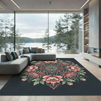 Coral Peony Chrysanthemum Dark Floral Medallion Rug
