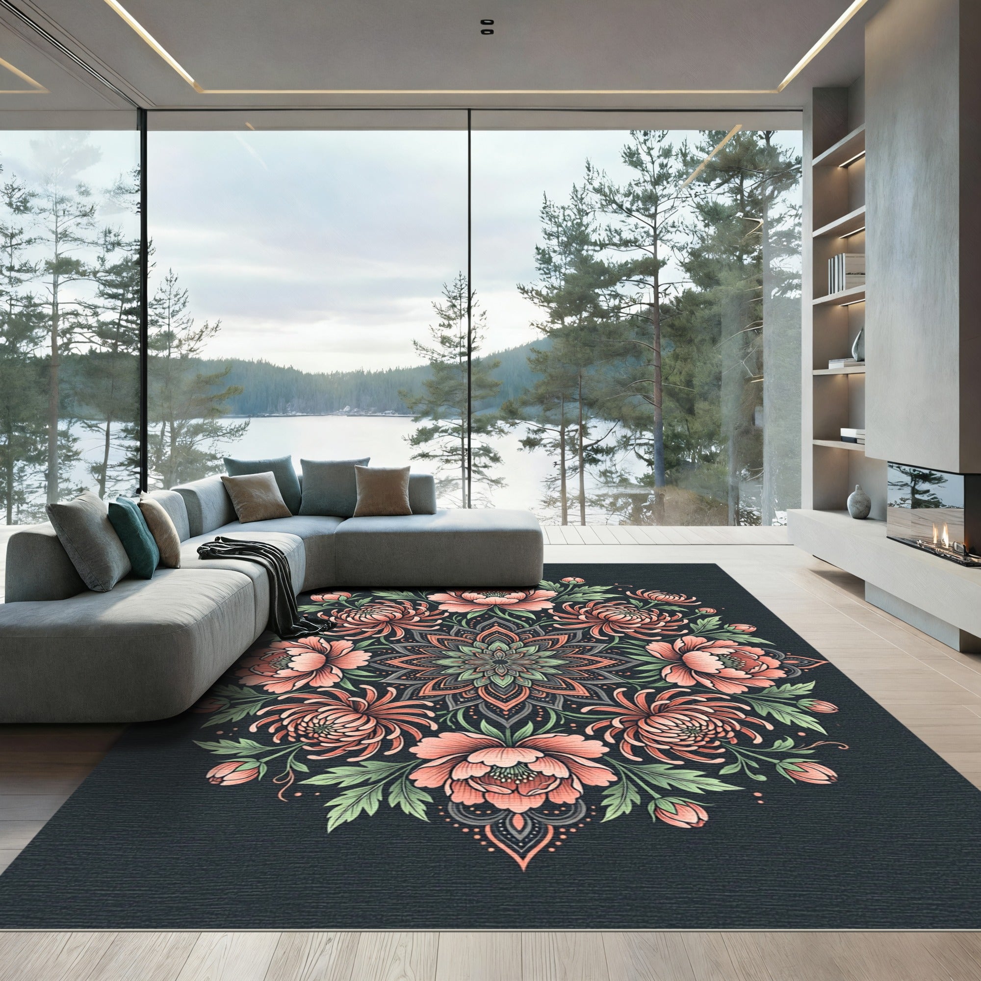 Coral Peony Chrysanthemum Dark Floral Medallion Rug