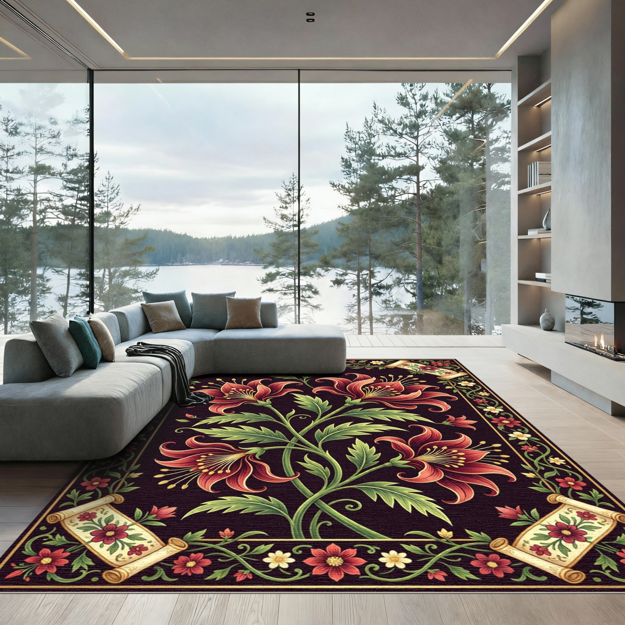 Elegant Deep Crimson Lily Scroll Art Rug