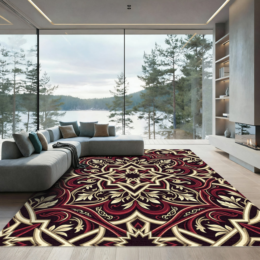 Rich Crimson and Gold Medallion Lattice Rug