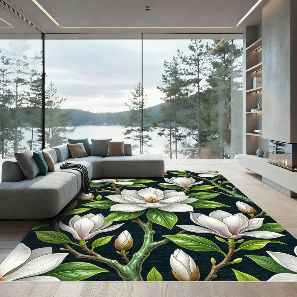 Lush White Magnolia Floral Branches Rug