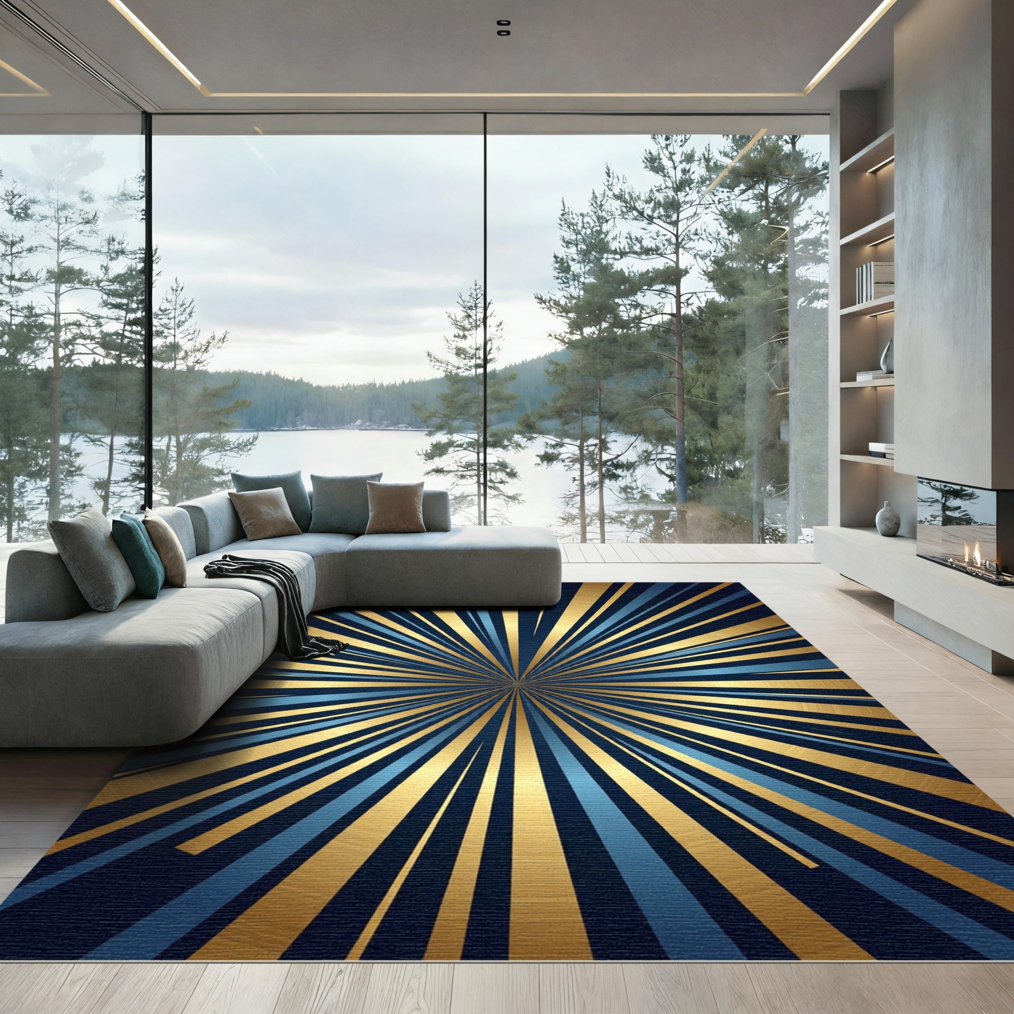 Radiant Golden Blue Sunburst Art Rug