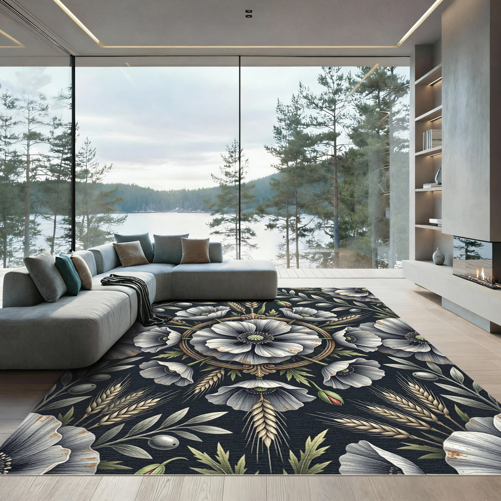 White Poppy Wheat Botanical Medallion Rug