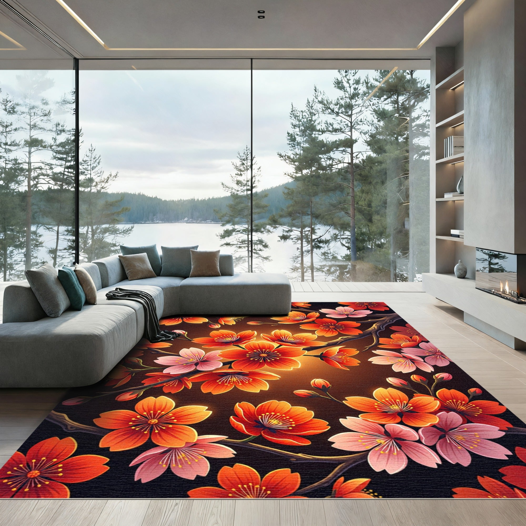 Vibrant Orange Pink Blossom Branches Rug