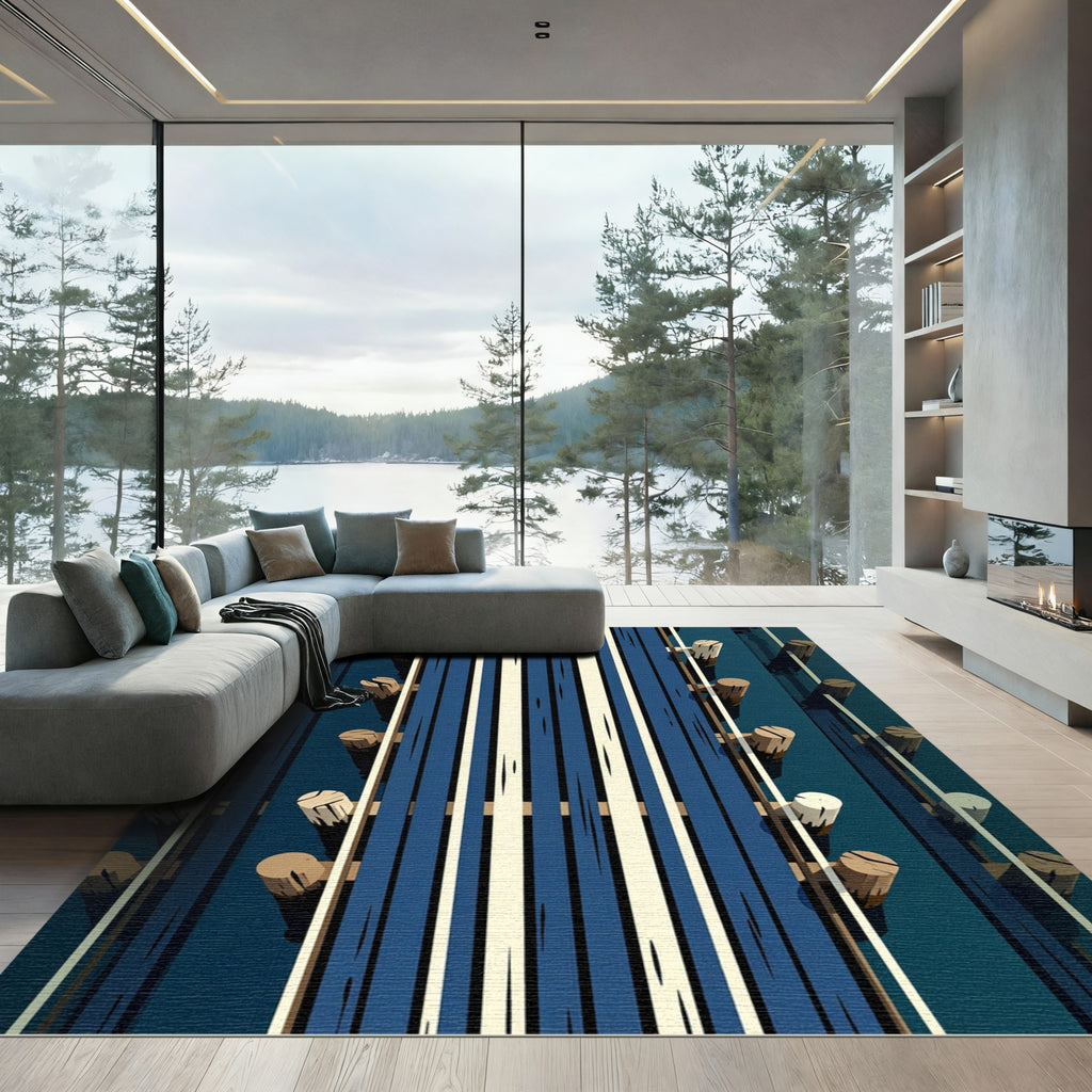 Modern Navy and Cream Vertical Stripe Rug