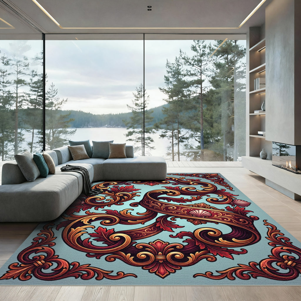 Ornate Burgundy Gold Scrollwork Swirl Rug