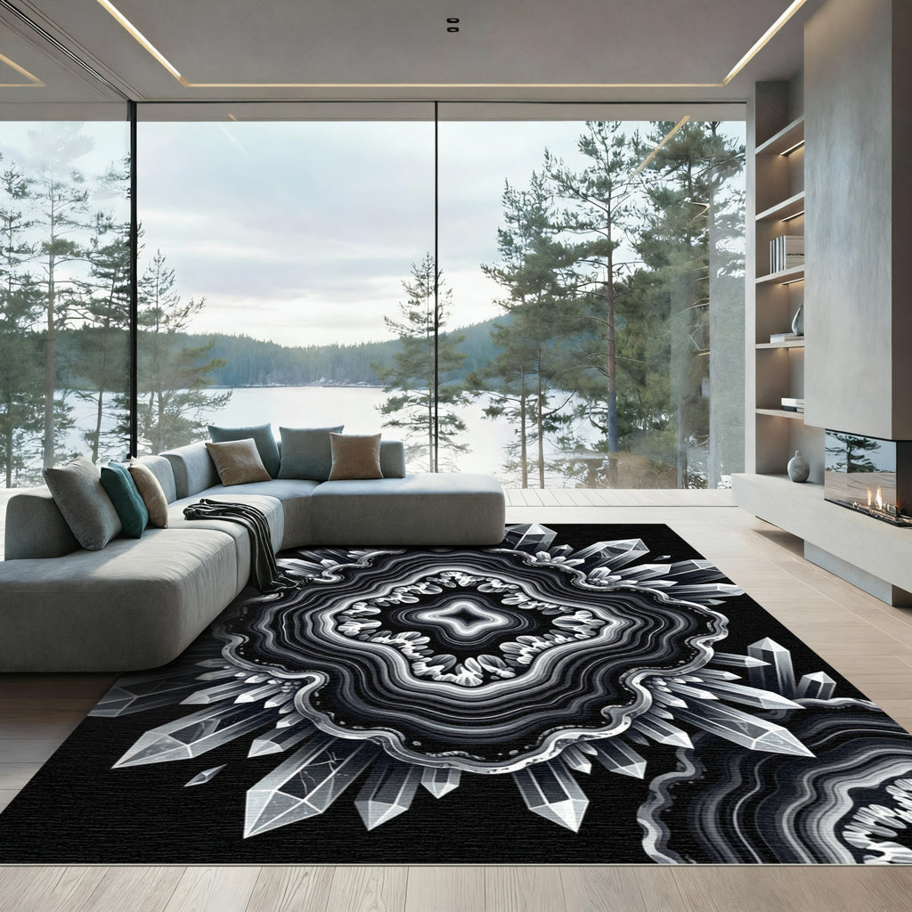 Striking Black White Crystal Agate Rug