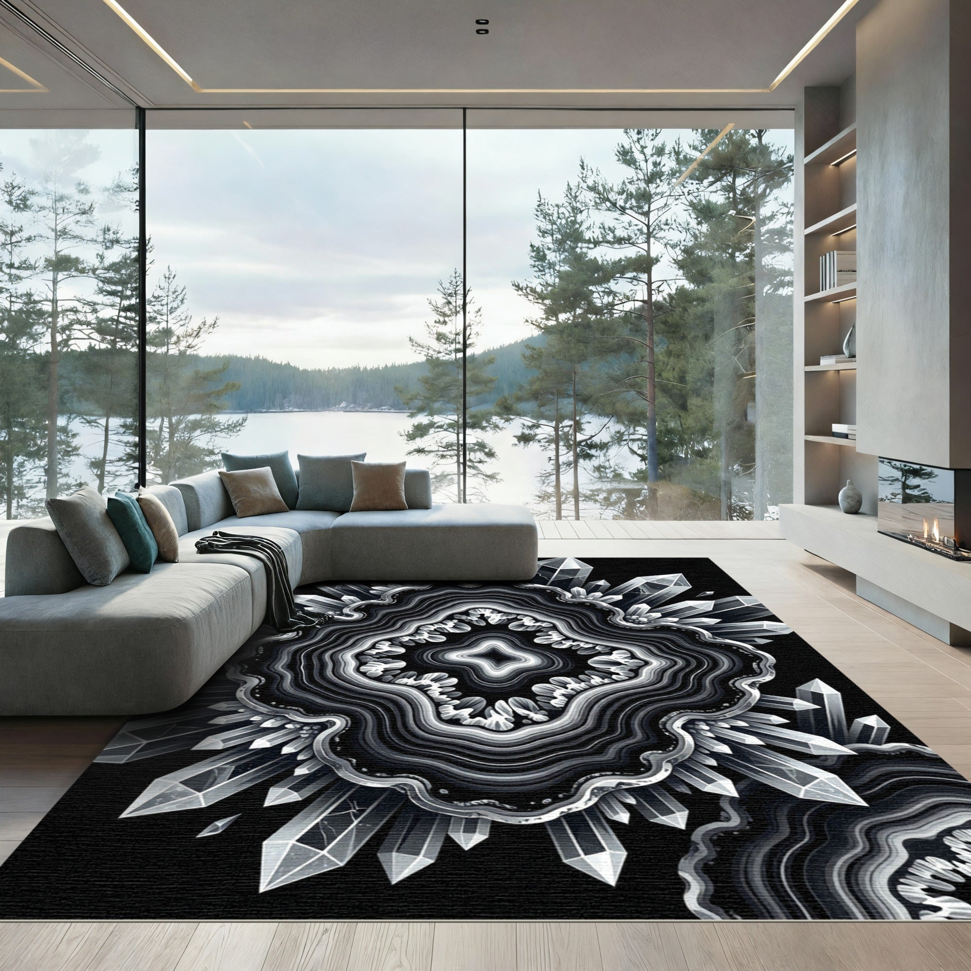 Striking Black White Crystal Agate Rug