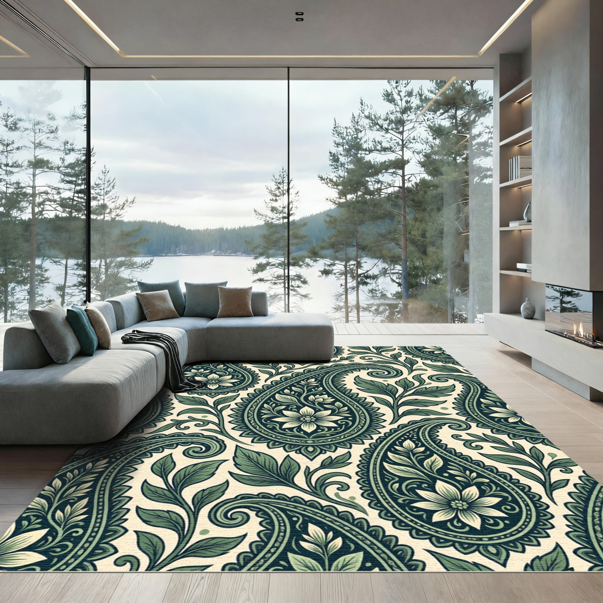 Elegant Forest Green Paisley Floral Rug