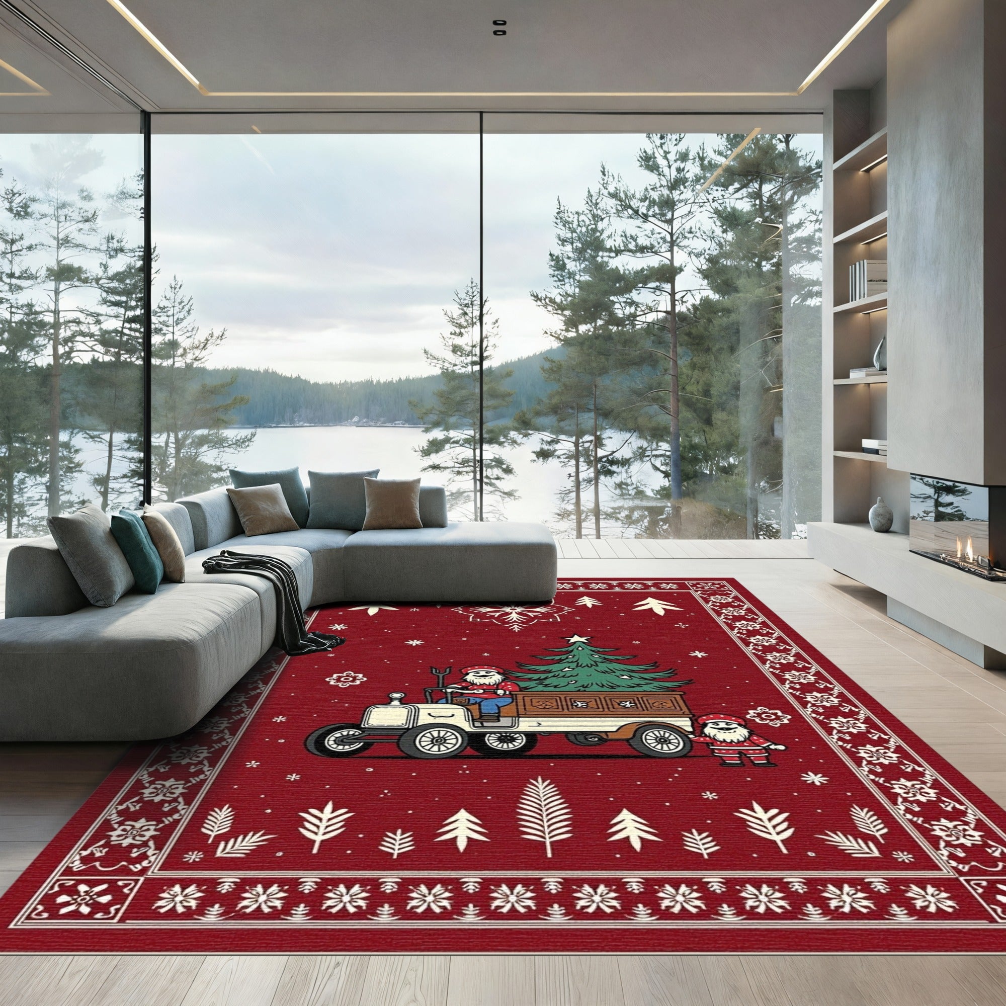 Red Festive Santa Truck Christmas Rug