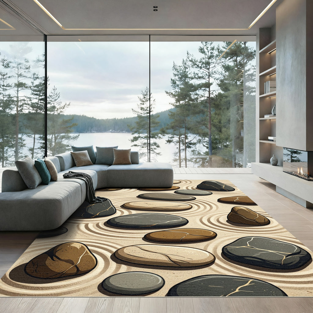 Minimalist Zen Pebble Sand Swirl Rug