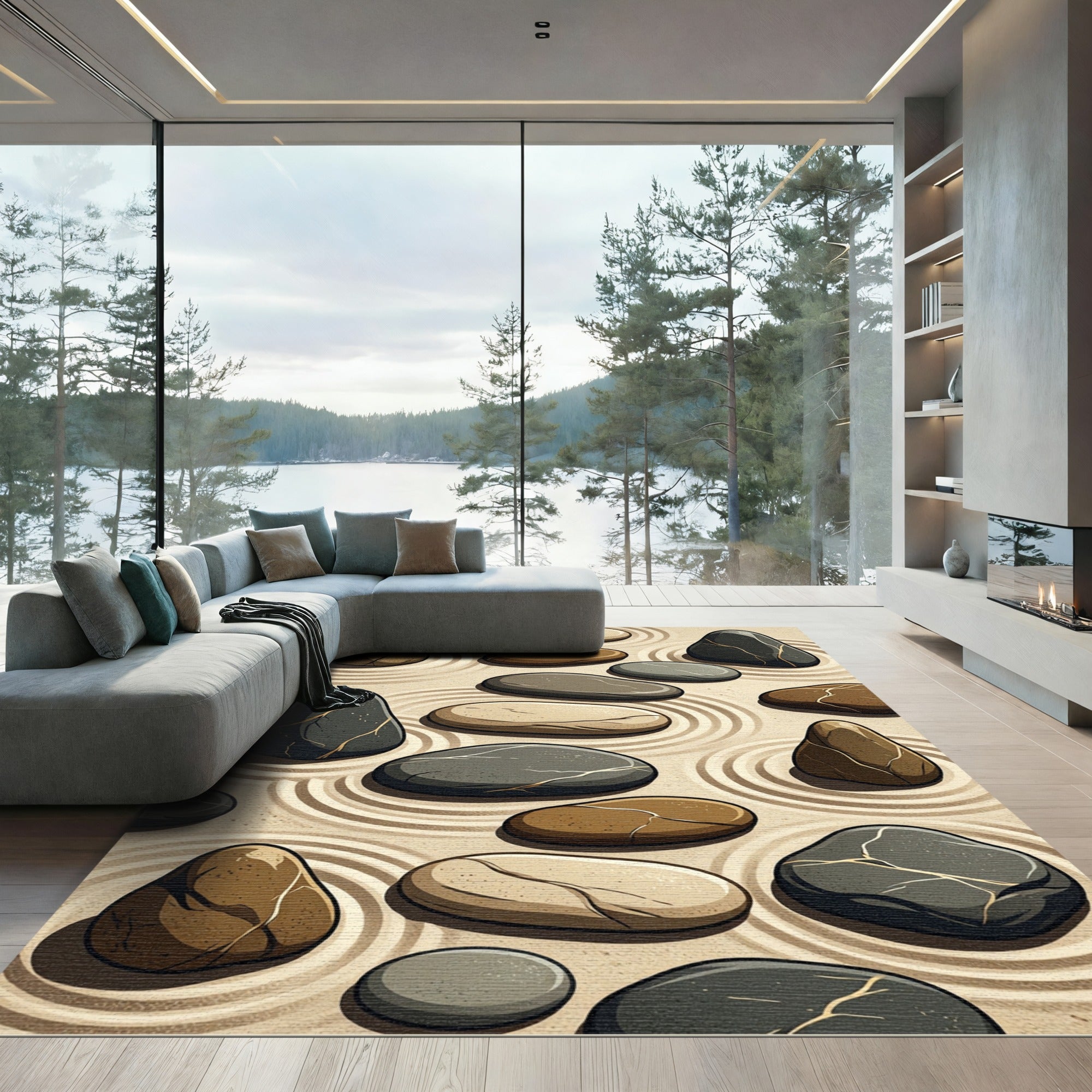 Minimalist Zen Pebble Sand Swirl Rug