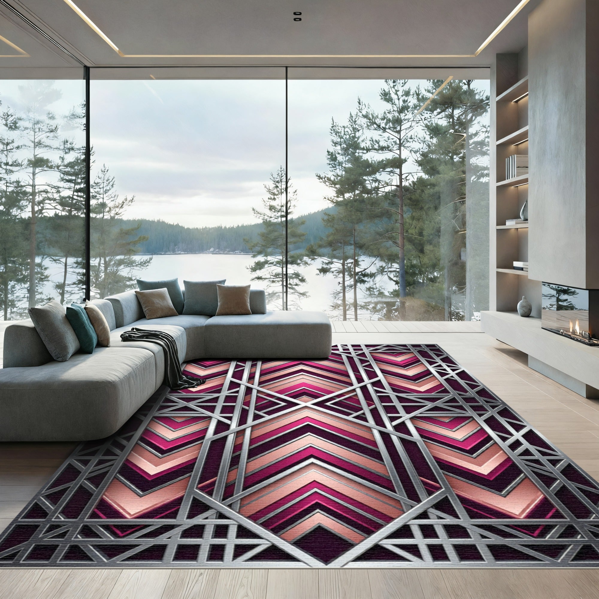 Art Deco Fuchsia Geometric Chevron Rug