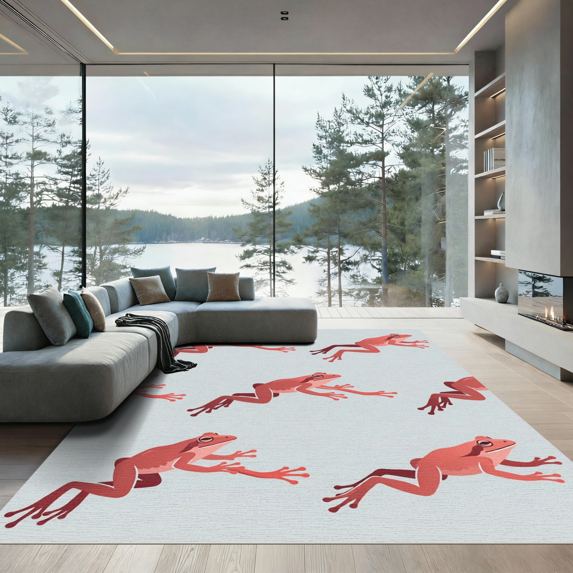 Playful Terracotta Frog Leap Illustration Rug