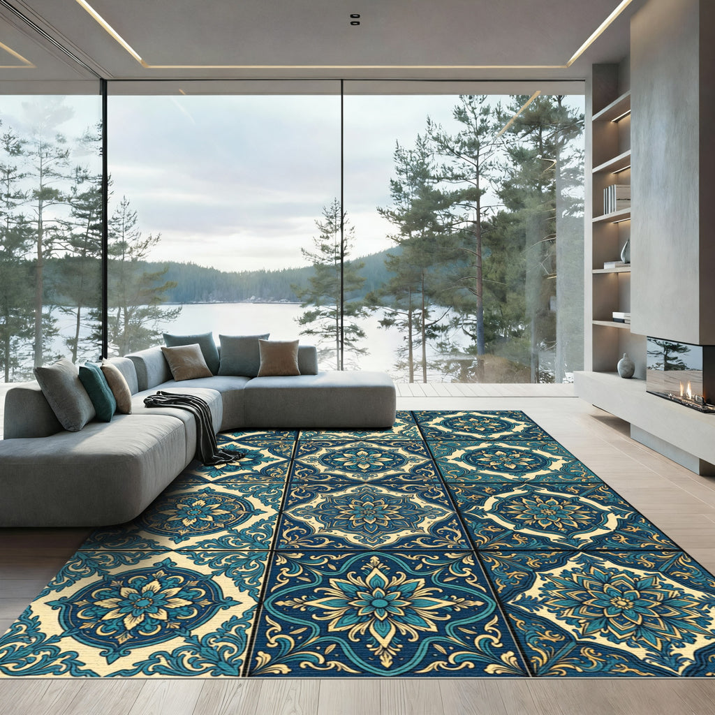 Blue Golden Floral Medallion Tiles Rug