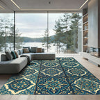 Blue Golden Floral Medallion Tiles Rug