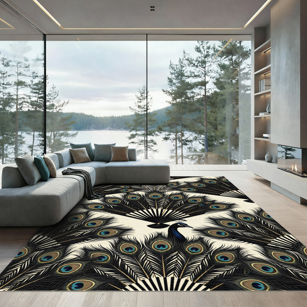 Elegant Black Peacock Feather Fan Rug