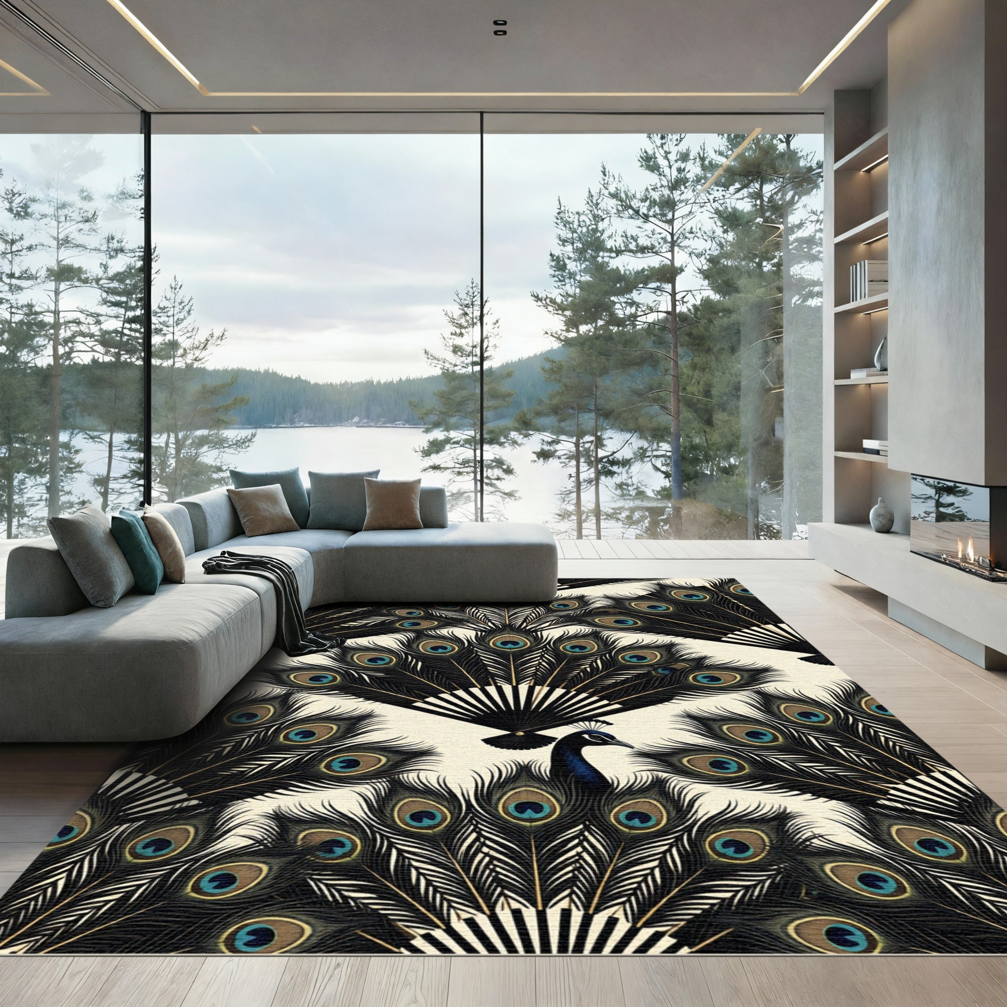 Elegant Black Peacock Feather Fan Rug