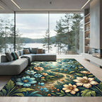 Vintage Blue Golden Floral Meadow Path Rug