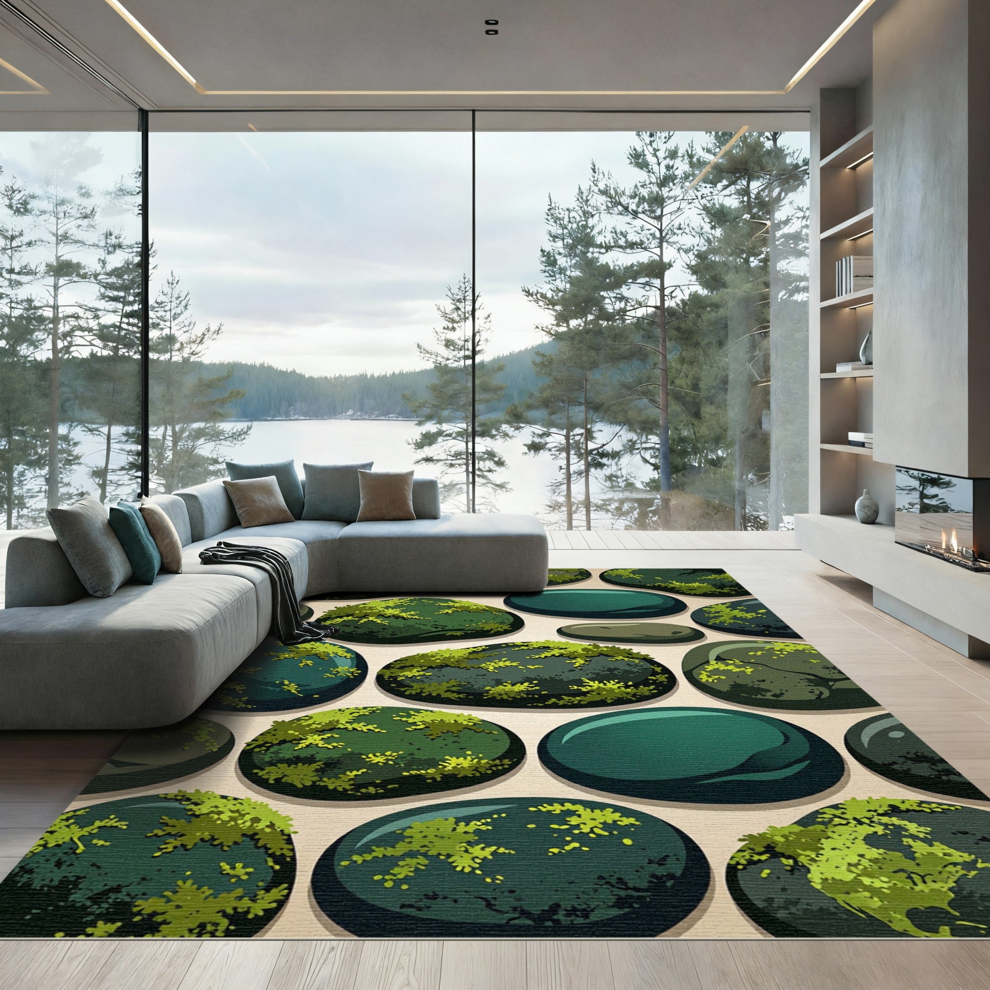 Mossy Green River Stones Pattern Rug