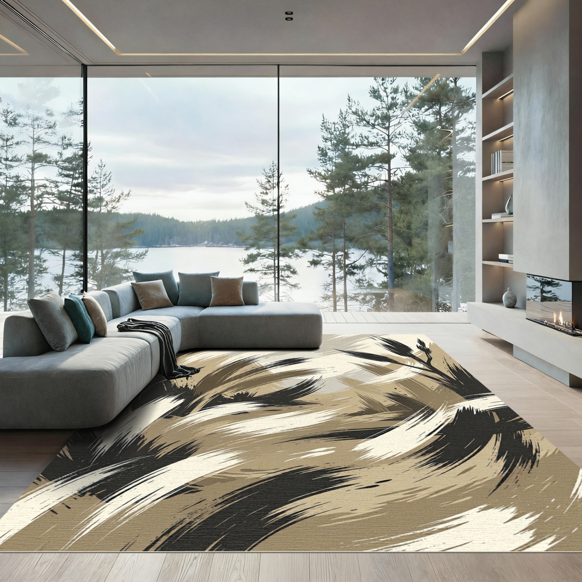 Abstract Earthy Tone Brushstroke Swirl Rug