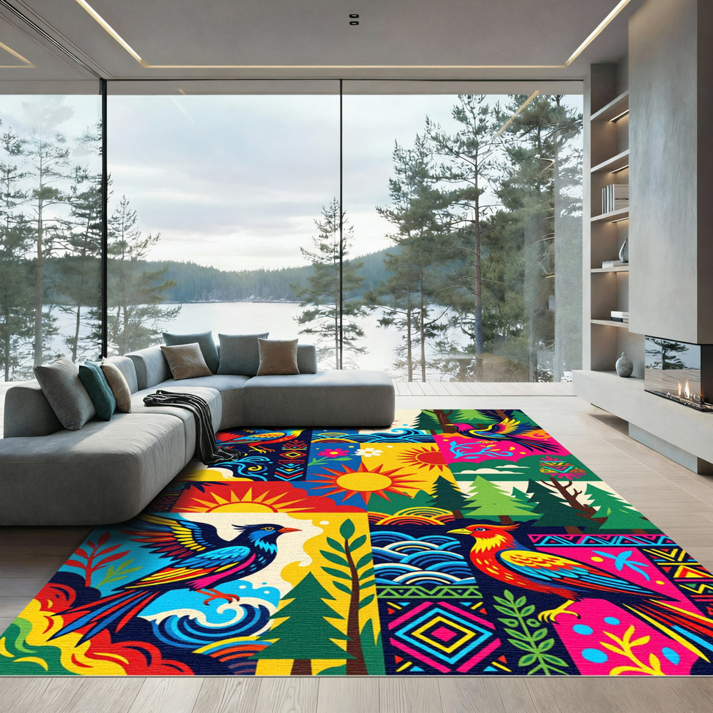 Vibrant Painted Birds Geometric Sunscape Rug