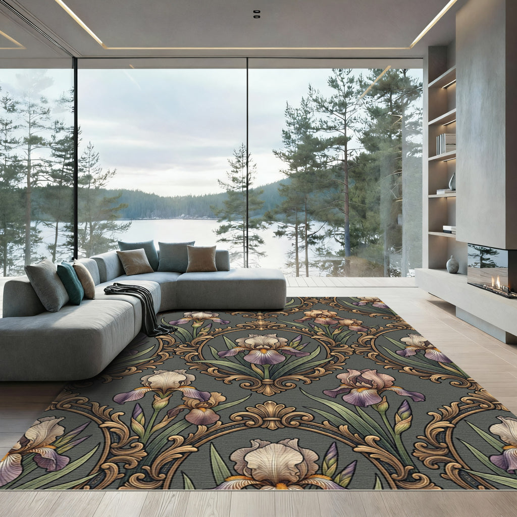 Ornate Gold Iris Filigree Floral Charcoal Rug