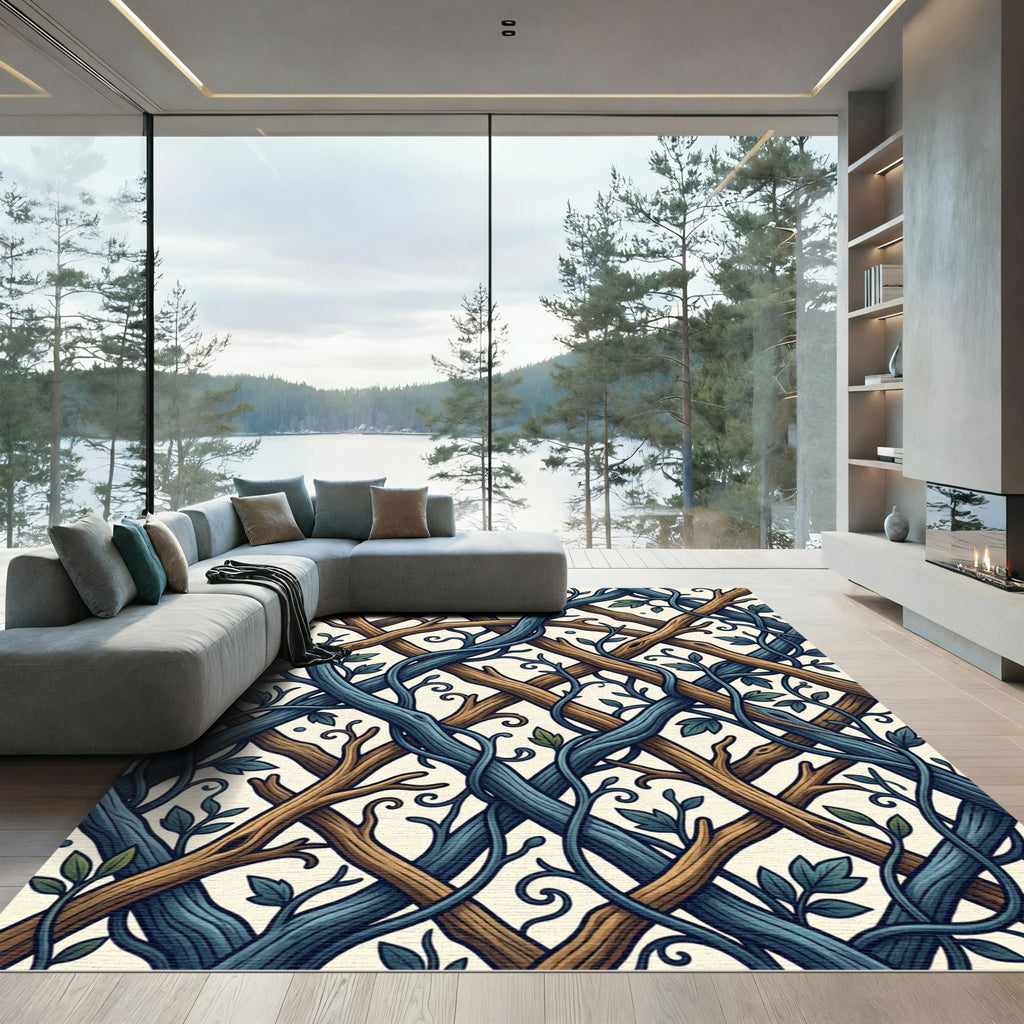 Blue Brown Twig Trellis Swirl Rug