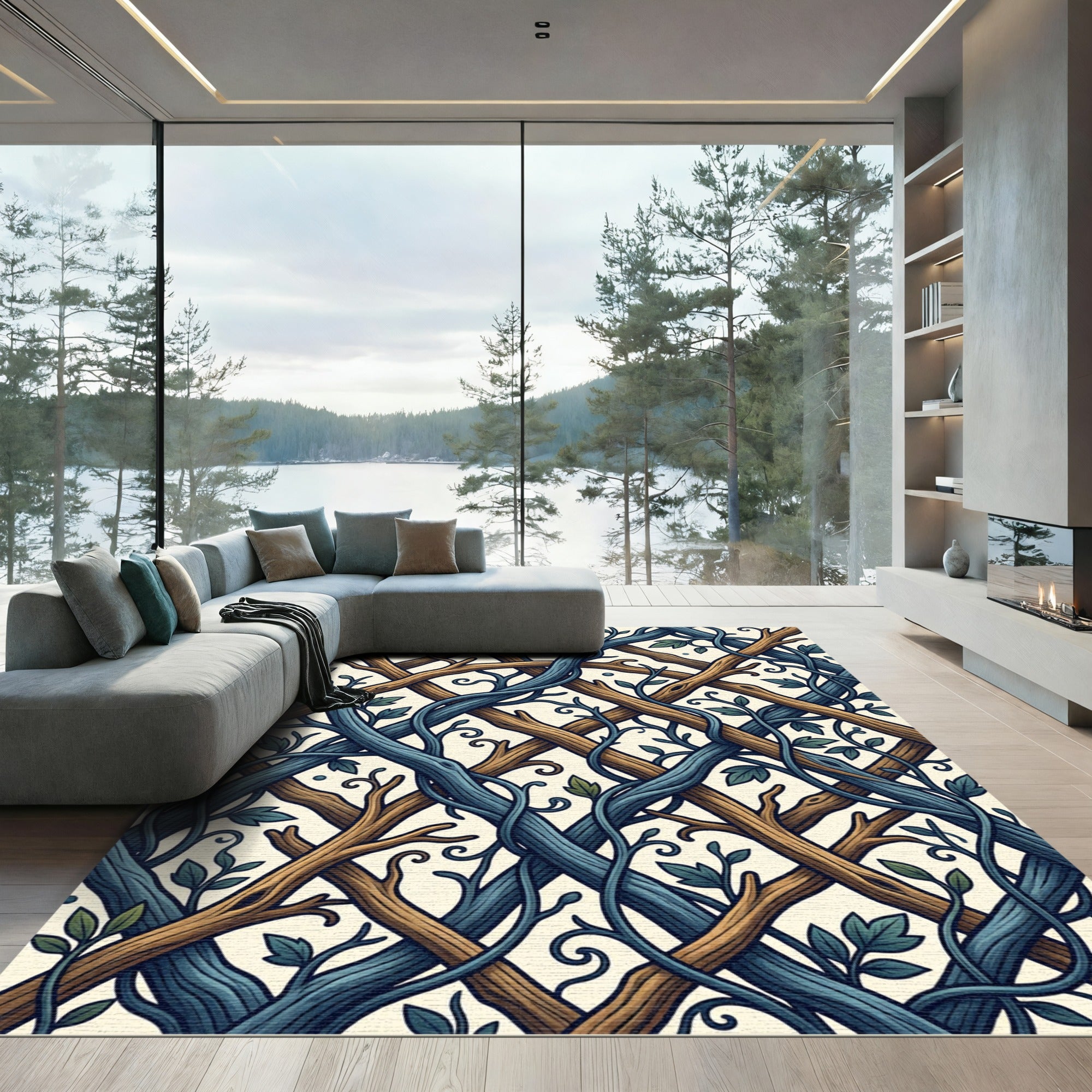 Blue Brown Twig Trellis Swirl Rug