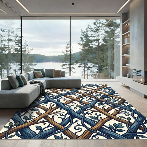 Blue Brown Twig Trellis Swirl Rug