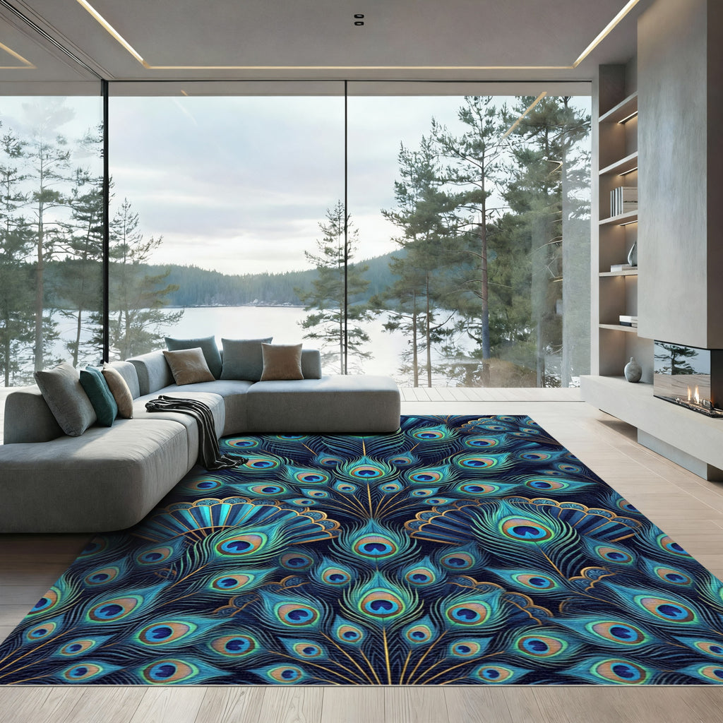 Peacock Feather Emerald Blue Gold Art Deco Rug