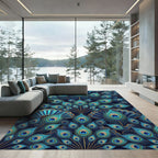 Peacock Feather Emerald Blue Gold Art Deco Rug