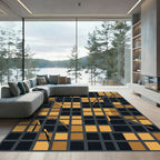 Modern Golden Grid Abstract Geometric Square Rug
