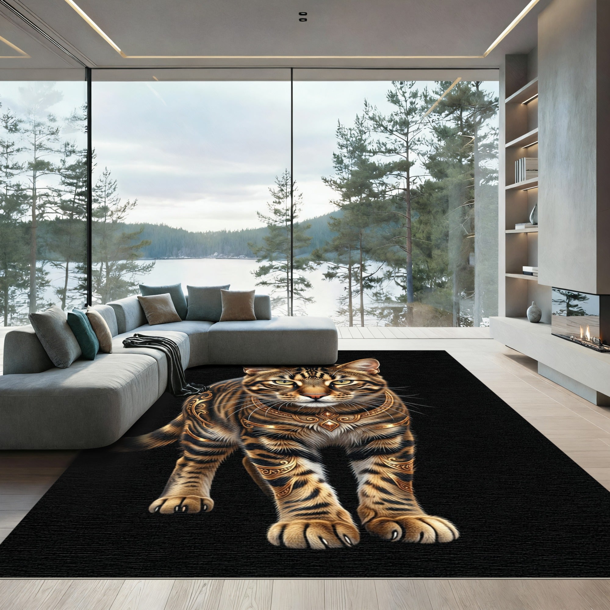 Golden Tiger Filigree Animal Portrait Rug