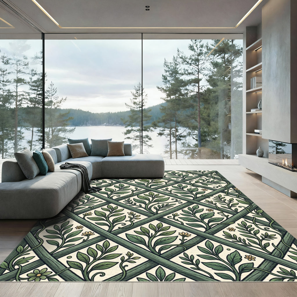 Sage Green Botanical Trellis Garden Rug