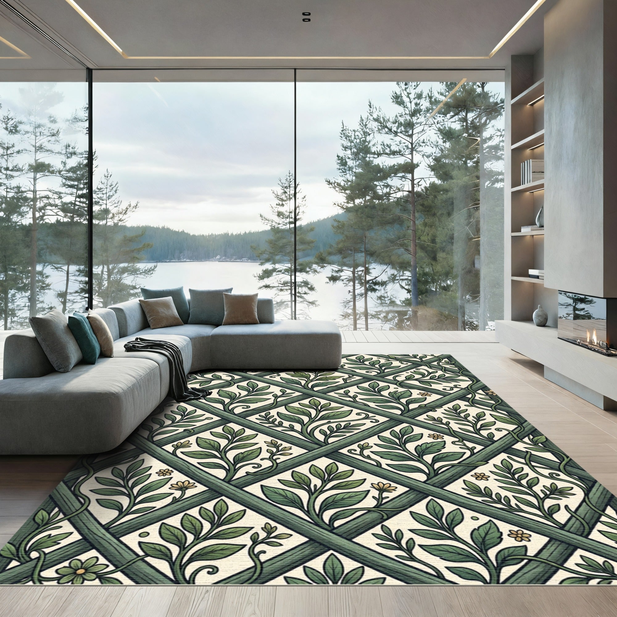 Sage Green Botanical Trellis Garden Rug