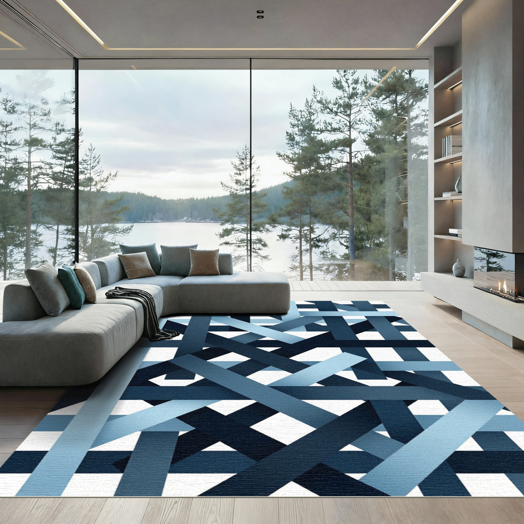 Abstract Navy and Blue Interlocking Lines Rug