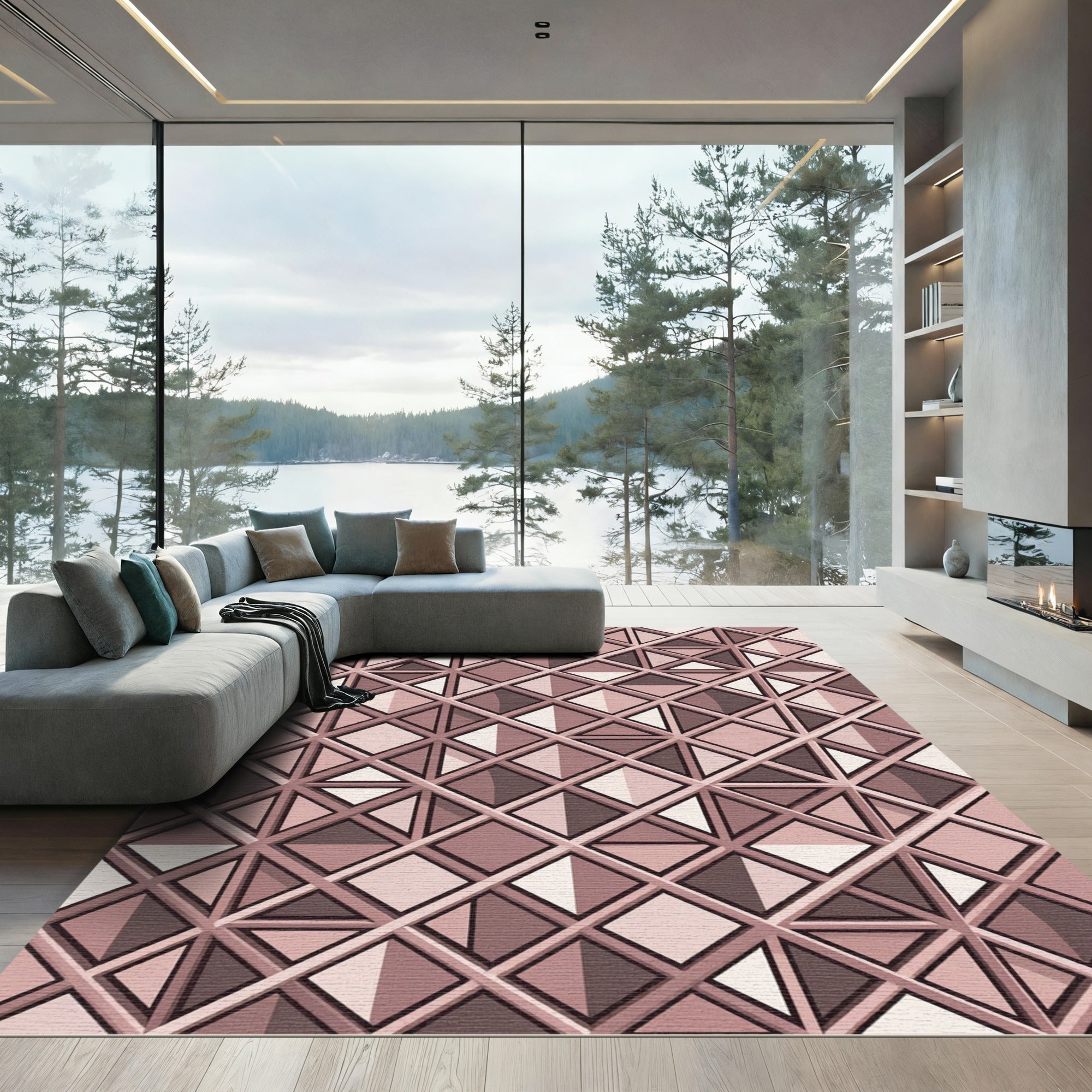 Modern Mauve Geometric Triangle Grid Rug