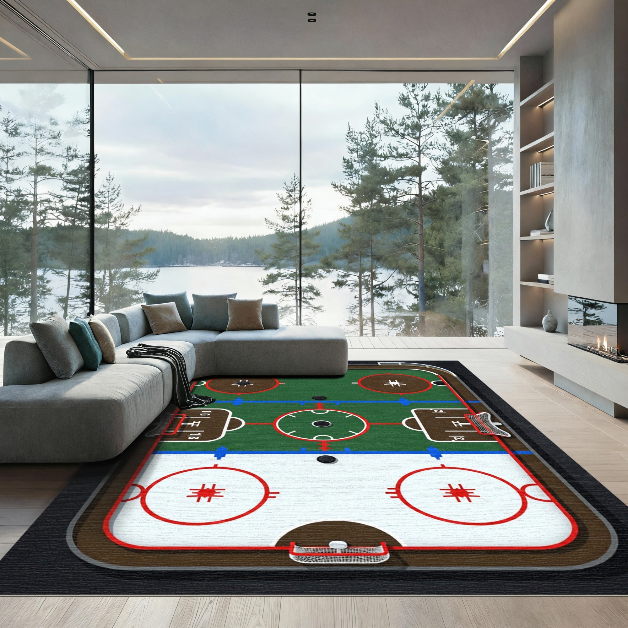 Green and White Hockey Rink Illustration Rug