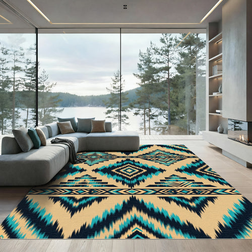 Aztec Diamond Black Teal Navajo Rug