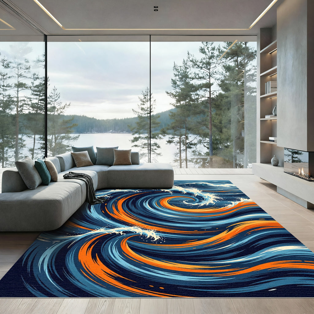 Modern Ocean Wave Swirl Blue Orange Rug