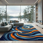 Modern Ocean Wave Swirl Blue Orange Rug
