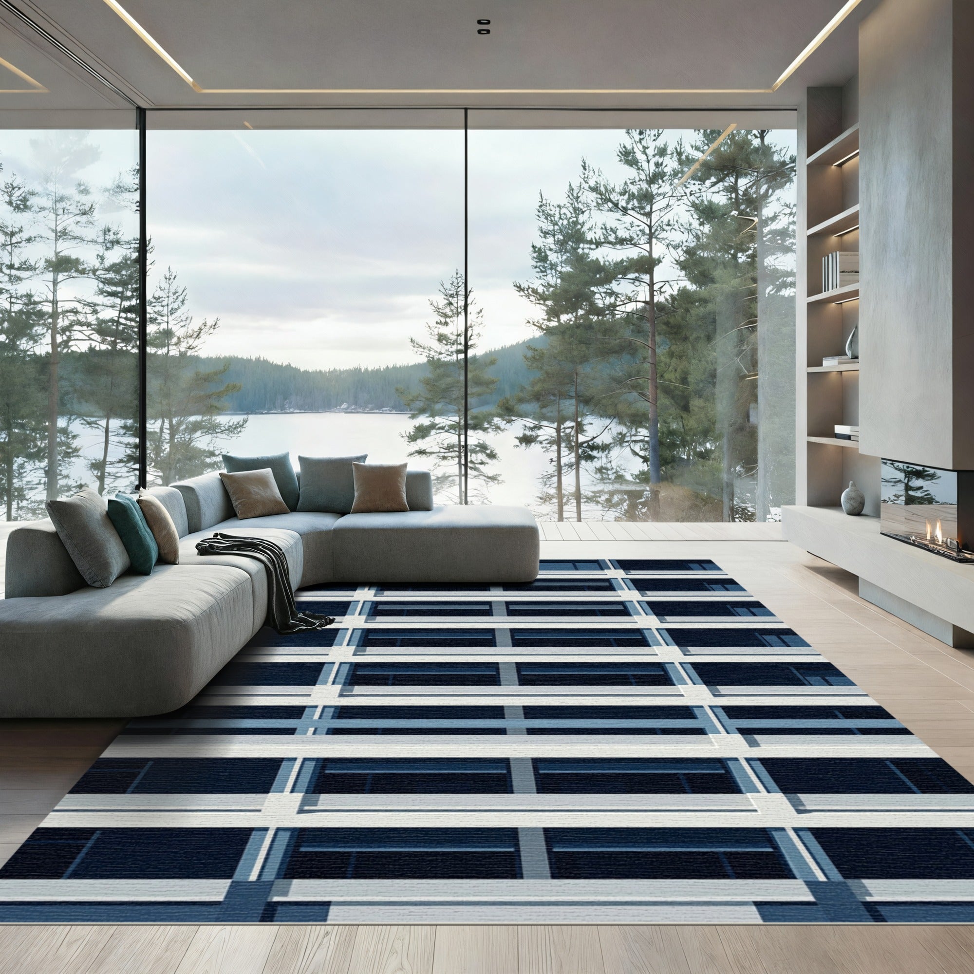 Minimalist Navy Grid Monochromatic Architecture Rug