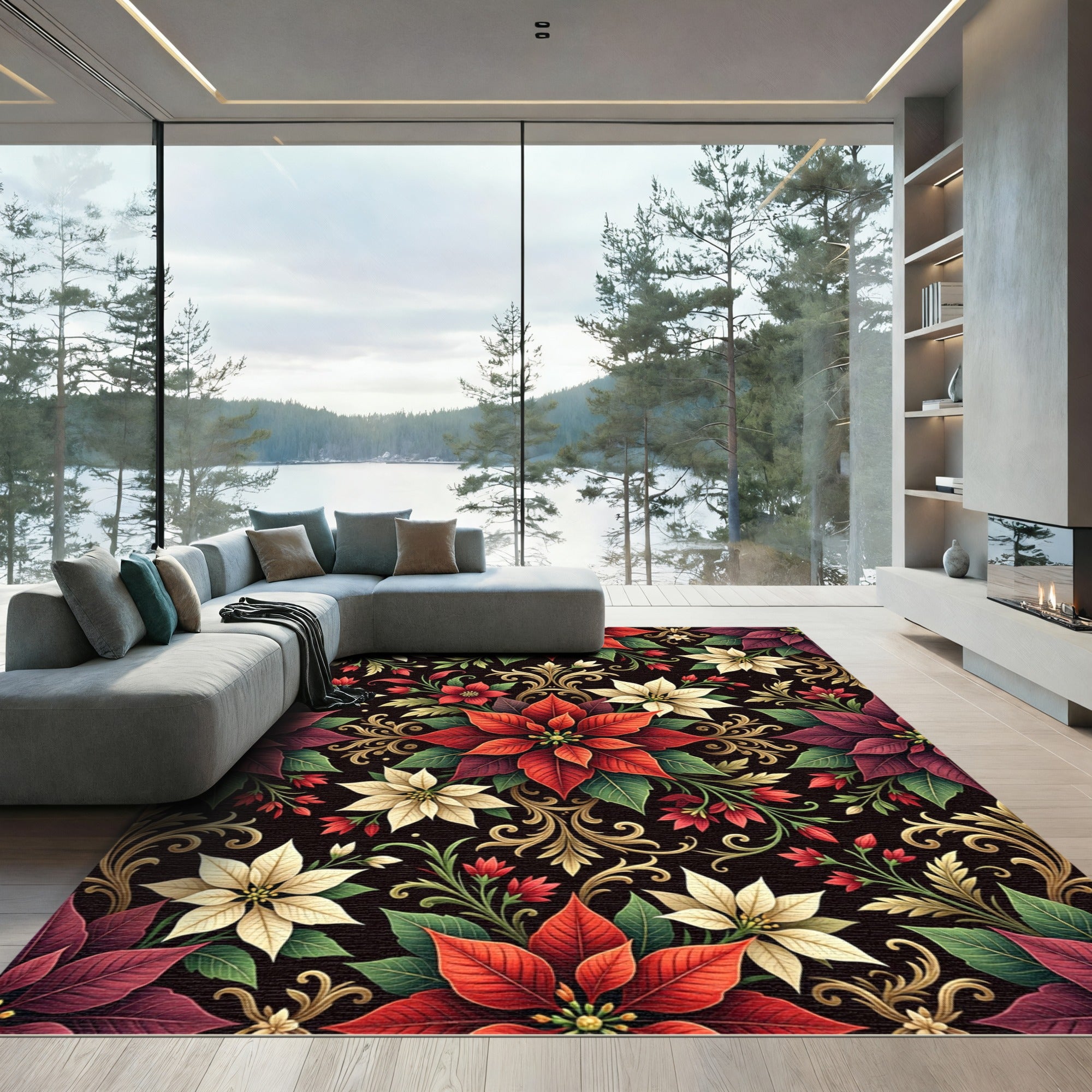 Rich Red Cream Poinsettia Scrolls Rug